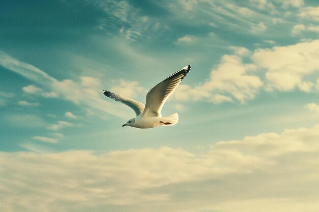 A seagull gliding gracefully through the sky with its wings outstretched