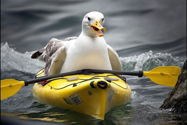 A seagull is rowing a kayak with a paddle.