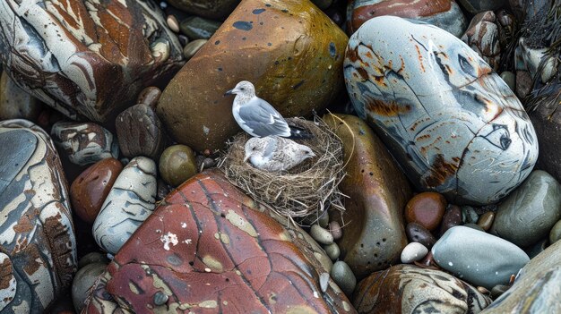 Foto un gabbiano è seduto su una roccia in un nido aig