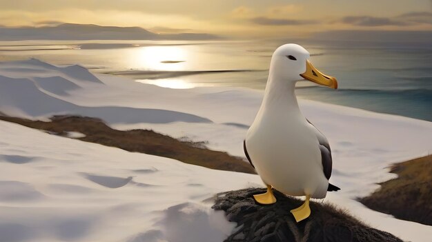 a seagull is standing on a rock with the sun behind him