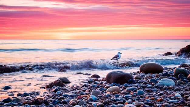 Seagull on the pebble beach at sunset Landscape concept