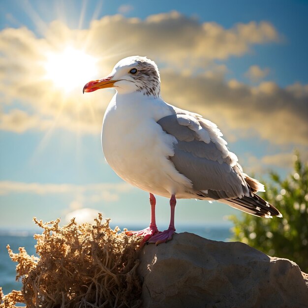 Seagull Perched in Sunlight Nature's Tranquility