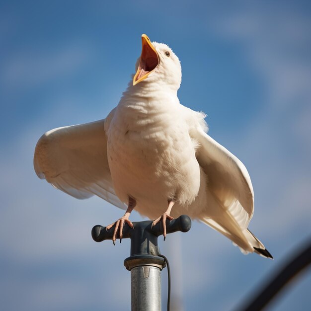 Photo seagull on pole screaming