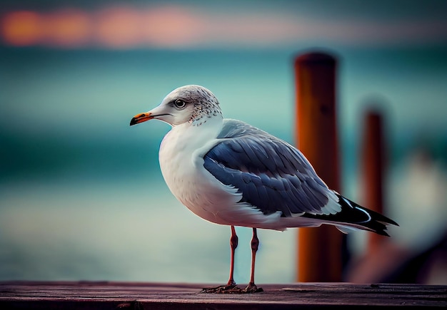 Seagull sits on a pier by the sea