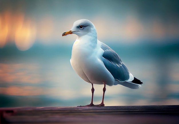 Seagull sits on a pier by the sea