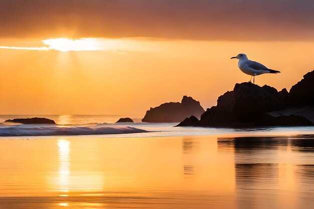 A seagull sits on a wave in front of a sunset