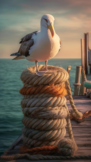 Seagull sitting on a mooring rope at sunset