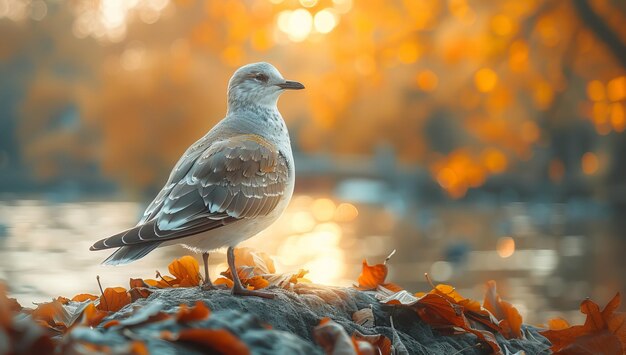 Photo seagull sitting on a rock by the lake in autumn