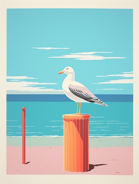 чайка стоит на шесте на пляже