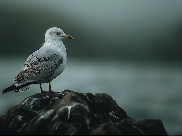 A seagull standing on a rock by the sea looking for food