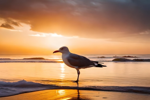 a seagull stands on the beach in the sunset.