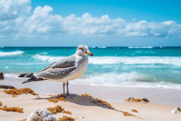 Photo a seagull stands on a beach with the ocean in the background