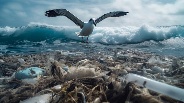 A seagull stands on a beach with a pile of garbage in the foreground.