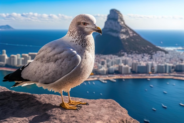 Seagull up close on a rock in calpe spain overlooking the city