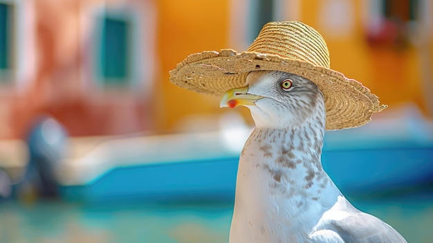 A seagull wearing a straw hat in front of a boat closeup portrait of a seagull bird traveller in