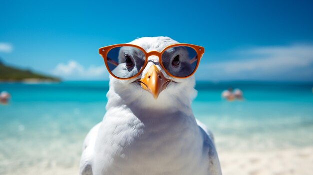 A seagull wearing sunglasses on a beach with a seagull in the background