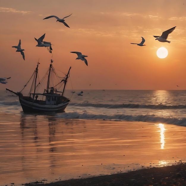 Seagulls fly over the sea at sunset a fishing boat is standing on the shore