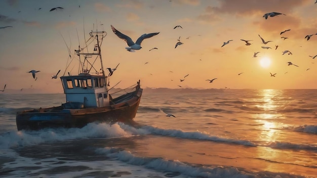 Чайки летают над морем на закате. Рыболовная лодка стоит на берегу.
