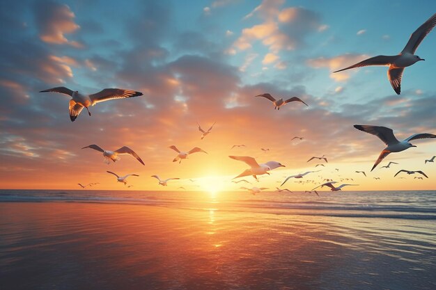 Seagulls flying in formation against a sunset sky