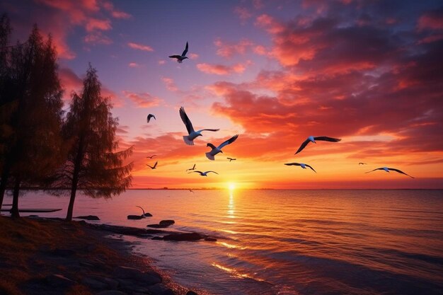 seagulls flying over the water and the sunset