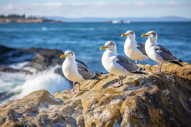 Photo seagulls or other seabirds perched on coastal rocks