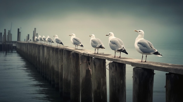 Seagulls perched on a pier