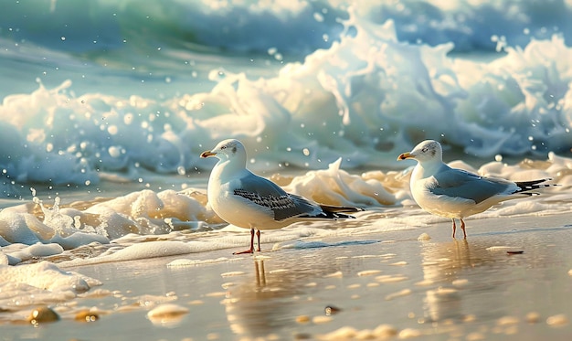 seagulls on the sand against a wave background