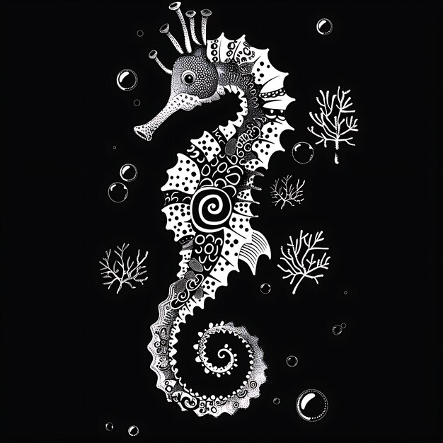 Photo seahorse cnc cut art with coral and bubbles for decorations add tshirt tattoo print art design ink