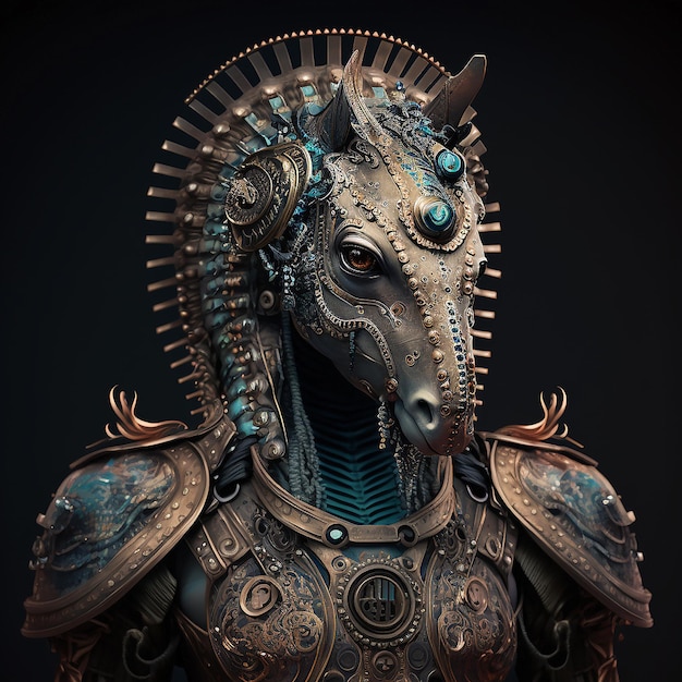 seahorse in cyberpunk futuristic robotic metal ancient rustic armour outfits