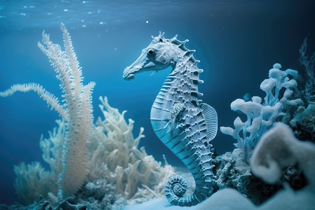 A seahorse is among the corals in the ocean