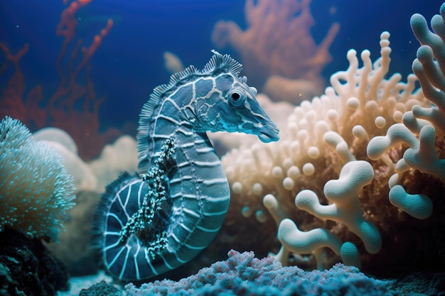 A seahorse is among the corals in the ocean