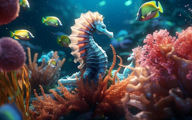 Морской конек окружен разноцветными рыбками и тропическим коралловым рифом.