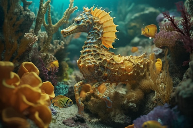 A seahorse is surrounded by fish and a tropical fish.