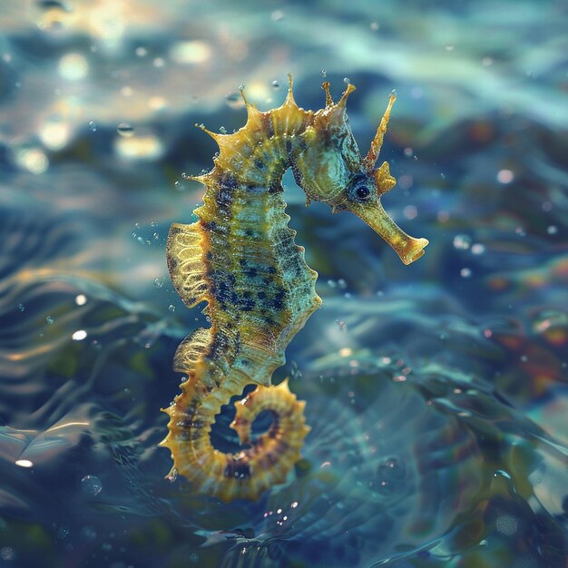 Photo a seahorse is swimming in the ocean with bubbles