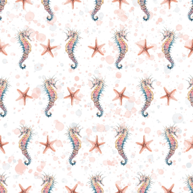 Морской конек и морская звезда на белом фоне с брызгами краски Акварельная иллюстрация Бесшовный узор Для тканевого текстиля, обоев, бумажной упаковки, детских пляжных летних товаров
