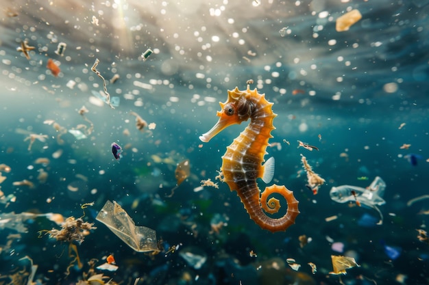 海馬が汚れた水の中で泳ぐ 海馬のクローズアップ 海と海の汚染の概念