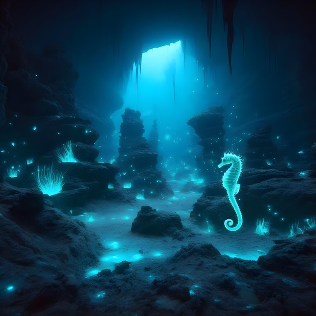 Seahorse in the underwater cave 3D render of seahorse