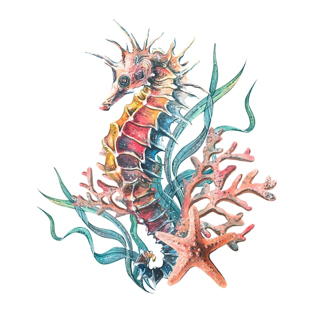 A seahorse with corals algae and a starfish Watercolor illustration Composition from the collection of JELLYFISH AND SEAHORSE For decoration and design of summer beach souvenirs menus posters