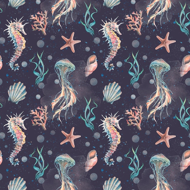 暗い青色の背景にクラゲのサンゴの殻と藻類を持つタツノオトシゴ水彩イラスト マリン シームレス パターン ファブリック テキスタイル壁紙包装装飾とビーチ デザイン
