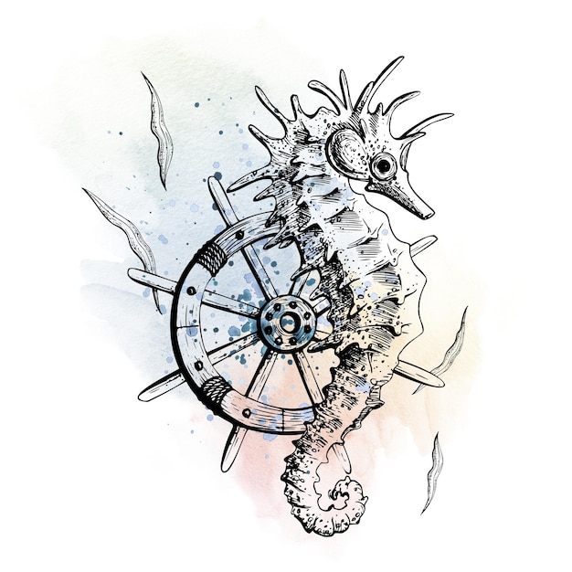 Photo seahorse with a ships wheel and seaweed graphics against the background of watercolor stains