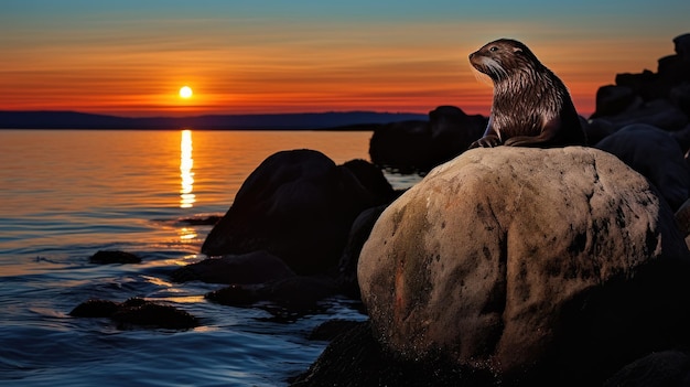 A seal basking in the moonlit glow on a rocky outcrop at the water's edge