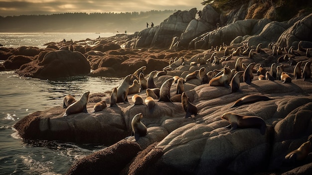 Seal Colony Relaxing at Sunset on Rocky Shoreline