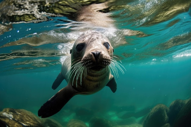 Seal diving into cool clear water created with generative ai