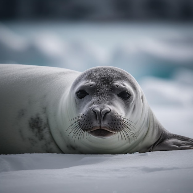 A seal is laying on the snow and the face is white.