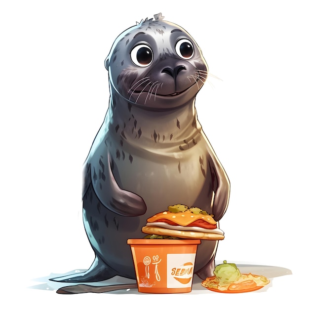 A seal is standing next to a container of food