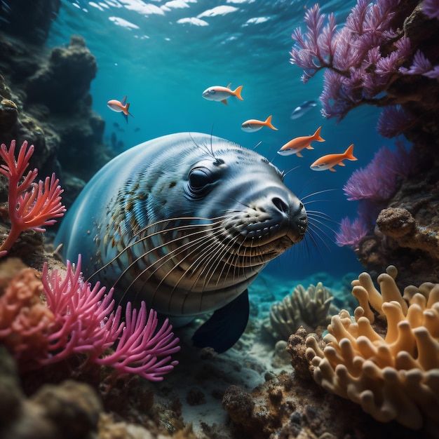 A seal is surrounded by corals and a fish.