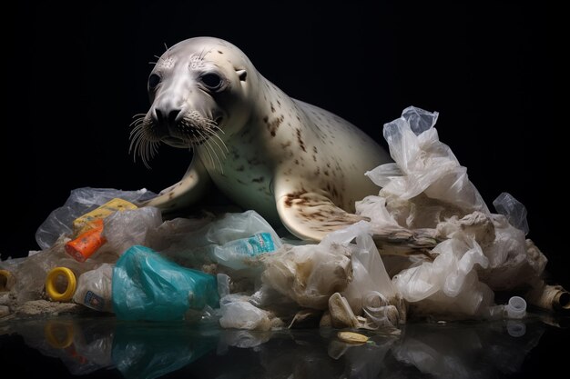 Seal and plastic garbage isolated on black background animal protection concept Plastic pollution impact