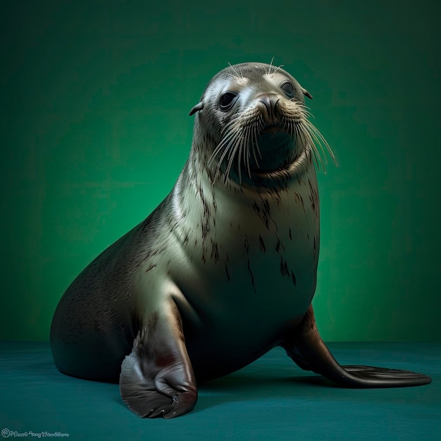 Photo a seal sits on a green background with the word 