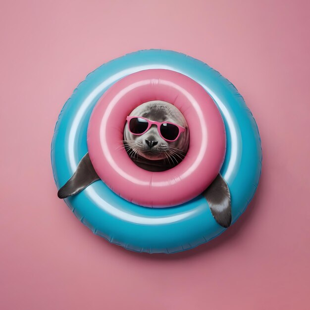 seal in sunglasses on an inflatable rings on pink background