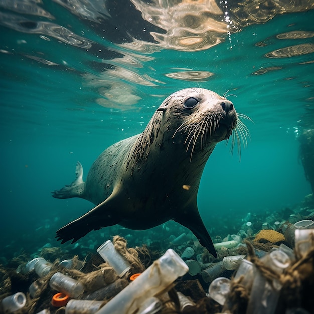 A seal swimming in the water with a lot of trash